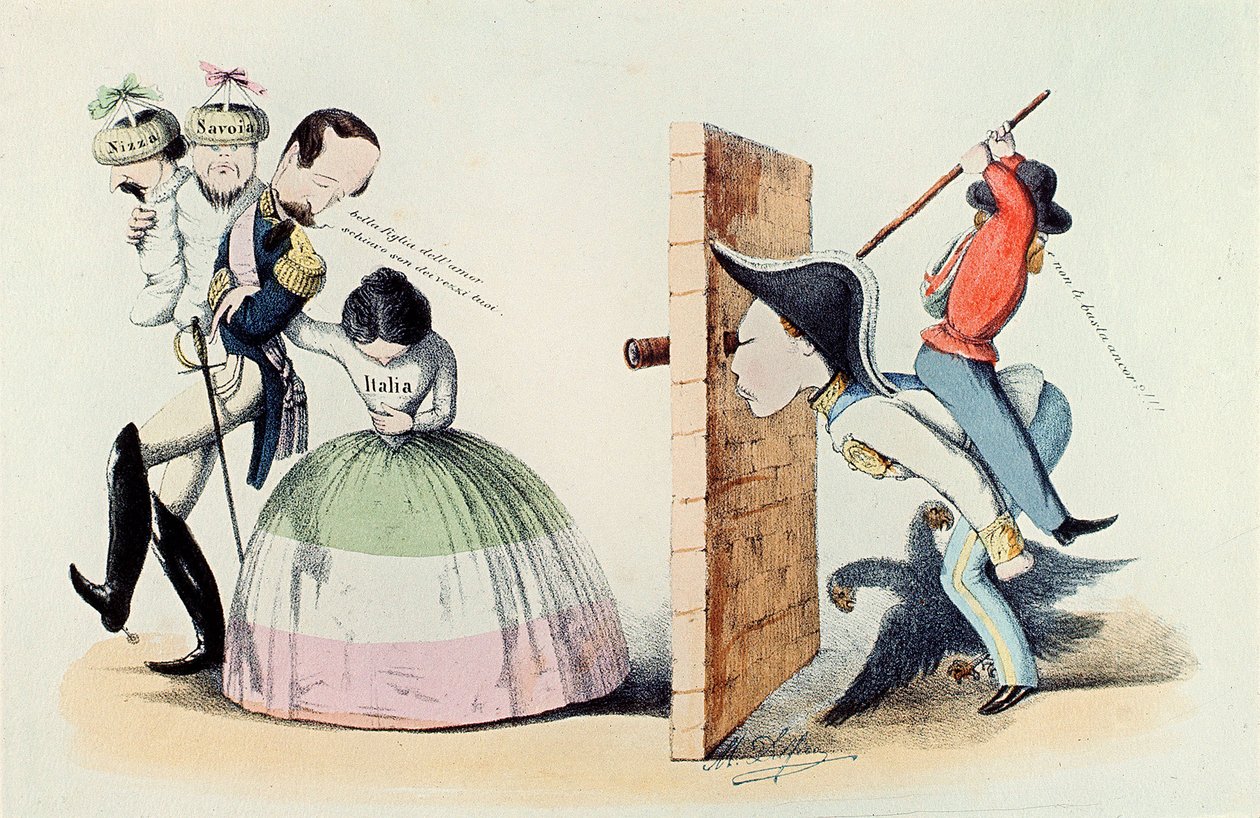 Risorgimento: Tegneserie om Torino-traktaten av 24.03.1860 (gravering) av Melchiorre Delfico