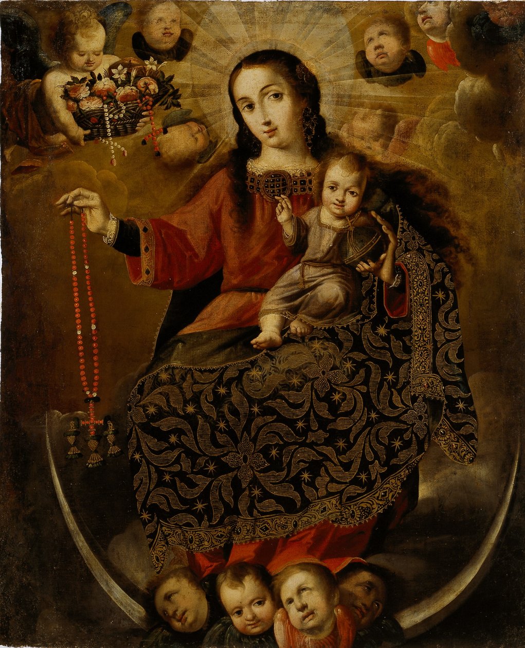 Jomfru av rosenkransen, slutten av 1600-begynnelsen av 1700-tallet (bladgull med olje på lerret) av Melchor Pérez de Holguín