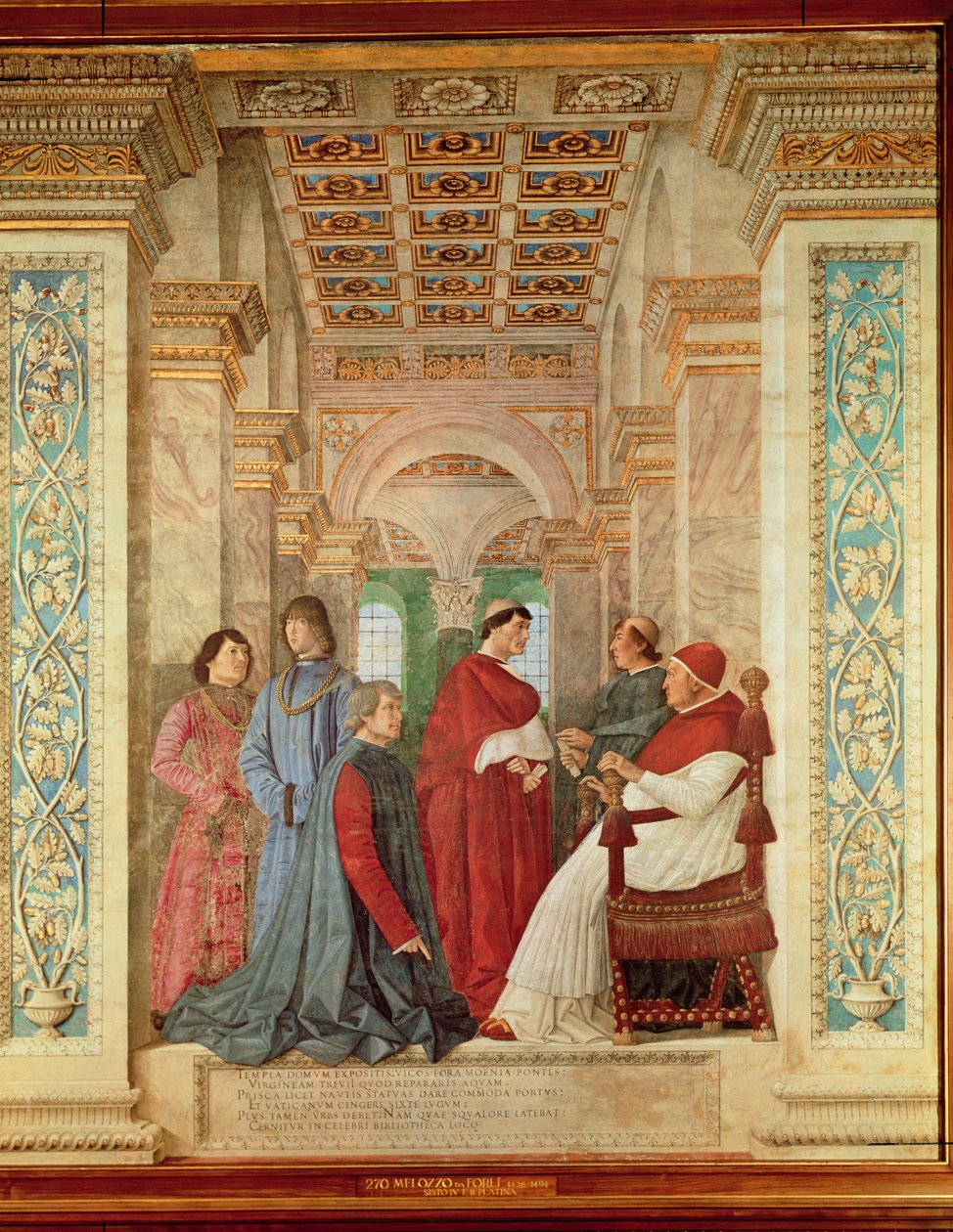Pave Sixtus IV installerer Bartolommeo Platina som direktør for Vatikanets bibliotek, ca. 1477 (freskomaleri overført til lerret) av Melozzo da Forli