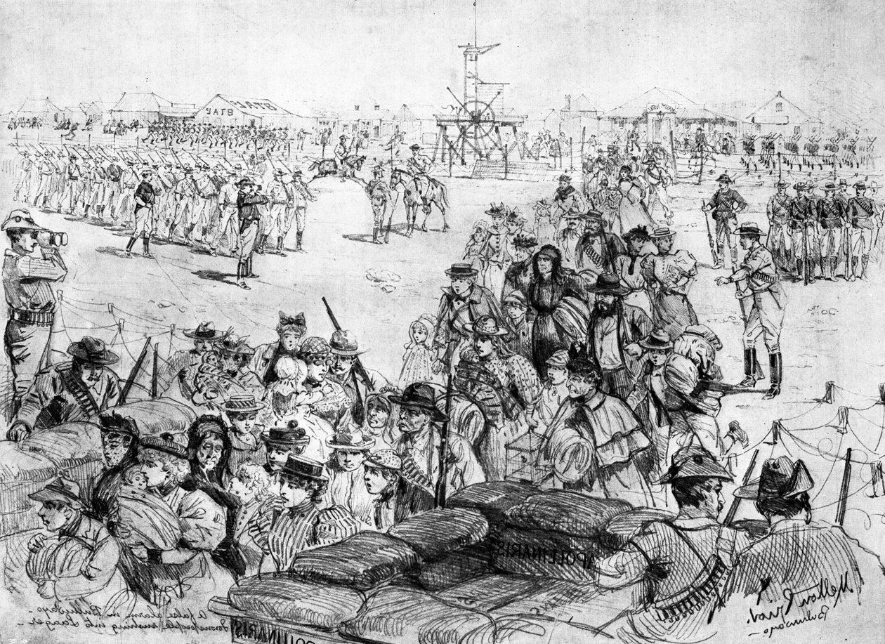 The Matabele Insurrection: En falsk alarm i Bulawayo, byfolk som skynder seg inn i Laager, publisert i 
