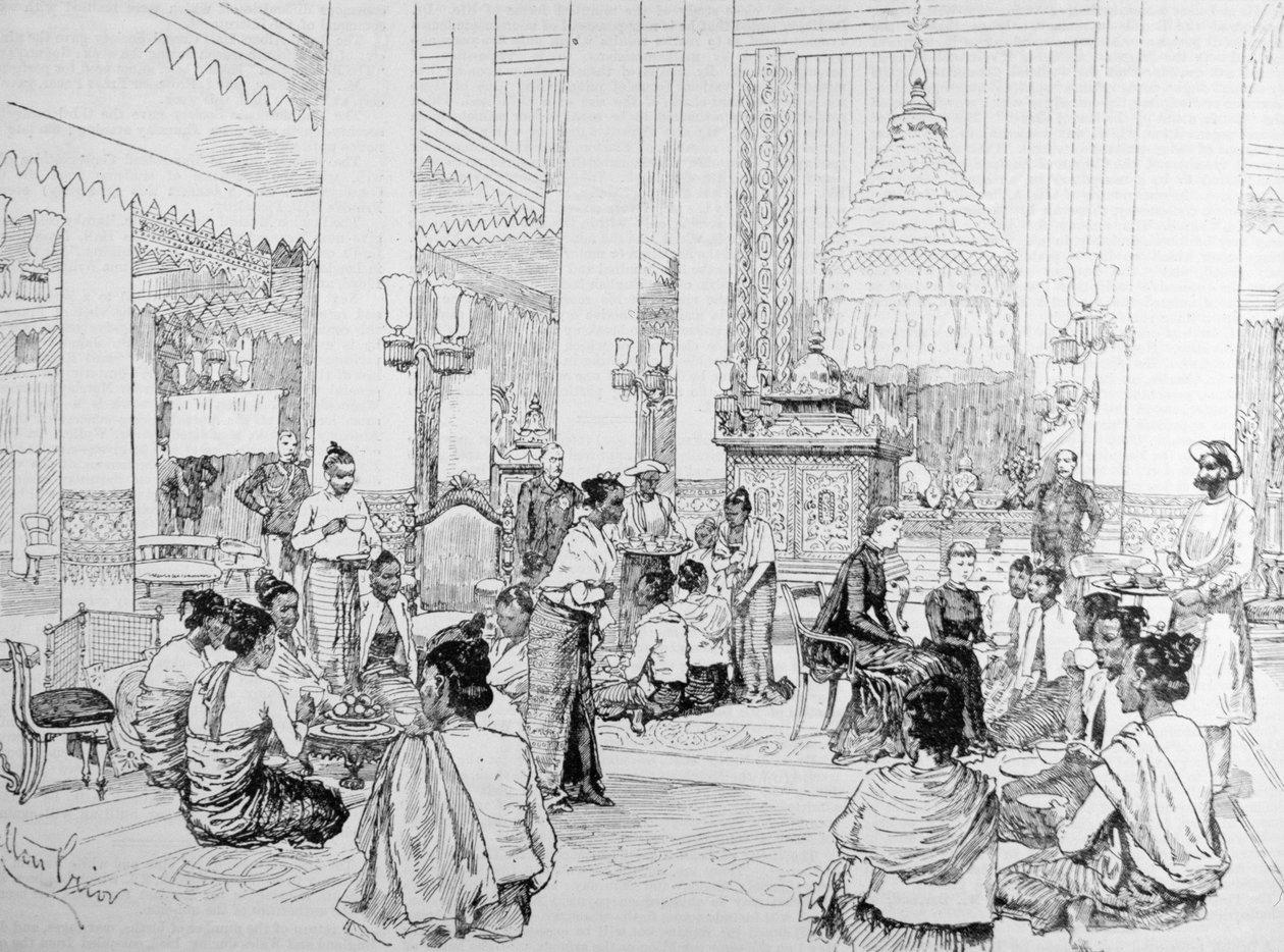 Visekongen av India i Burmah: Burmesiske damer tar te med Lady Dufferin i palasset i Mandalay, fra 
