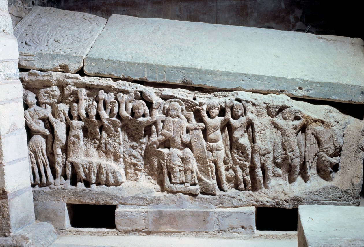 Merovingerkunst: basrelieffer av graven til Agilbert (7. århundre), eveque av Paris. Begravelsesmonument i stein. Klosteret i Jouarre (Seine og Marne) av Merovingian