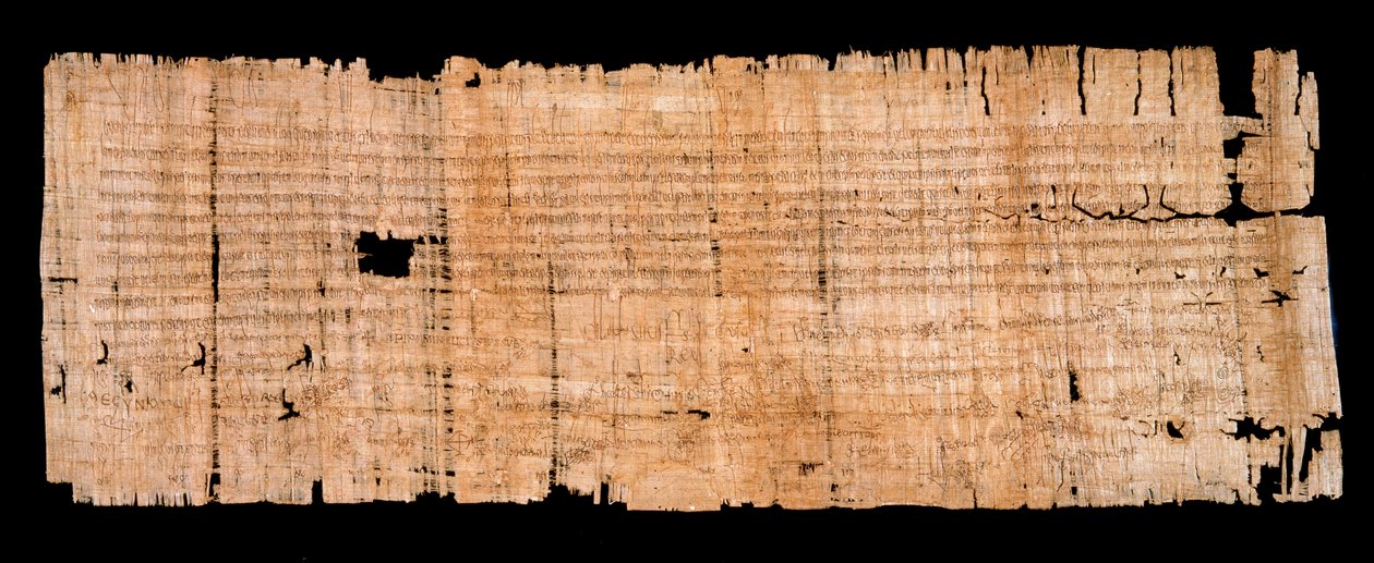 Merovingertid: juridisk dokumentmanuskript på papyrus som bekrefter immunitetsprivilegiet gitt av kongen av Neustria Clovis II (633-657) til klosteret Saint Denis 22.06.654. Sol. 0,93x0,34 m Paris, archives nationales av Merovingian