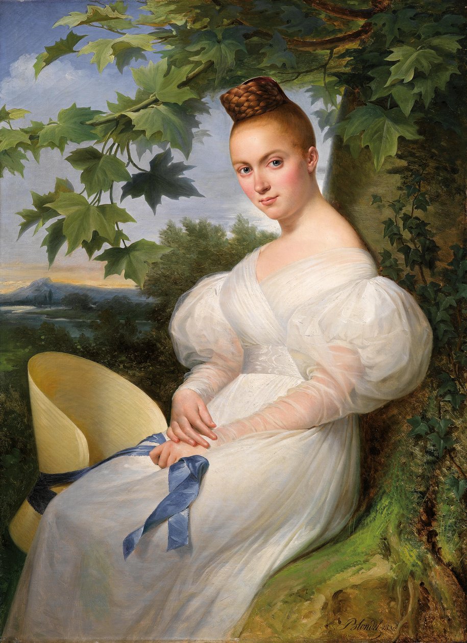 Portrett av en ung kvinne med stråhatt av Merry Joseph Blondel