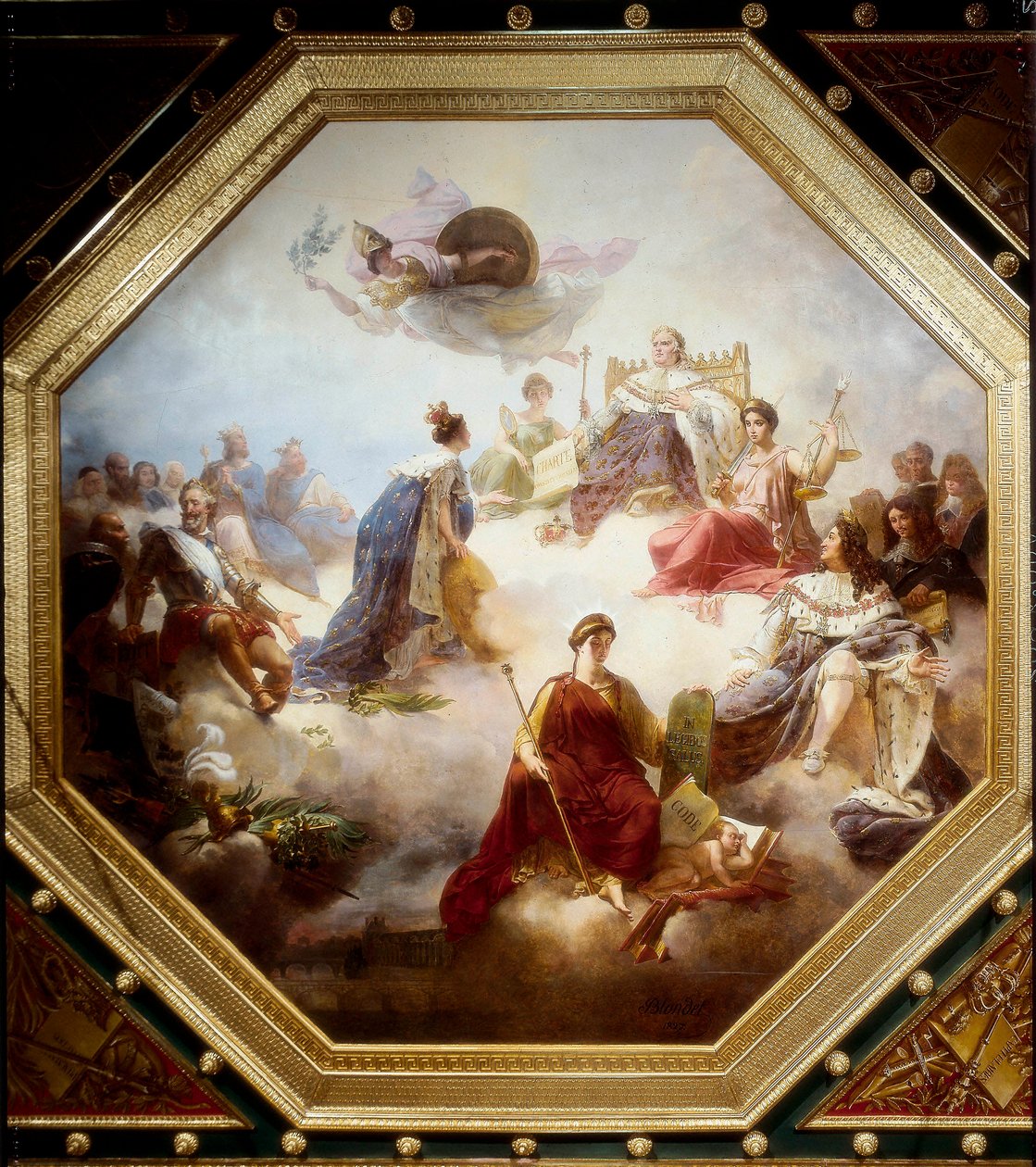 Frankrike, midt blant de lovskapende konger og franske rettskonsulter, mottar det konstitusjonelle charteret fra Louis XVIII, taket på Camondo-rommet, Louvre, Paris av Merry Joseph Blondel