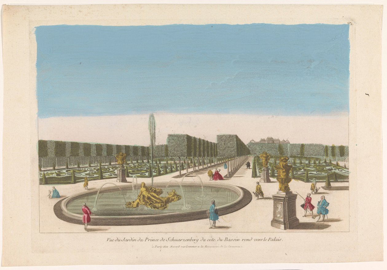 Utsikt over fontenen fra hagen til Palais Schwarzenberg nær byen Wien Vue du jardin du prince de Schwarzenberg du côte du bassin around vers le palais (tittel på objekt) av Mesard