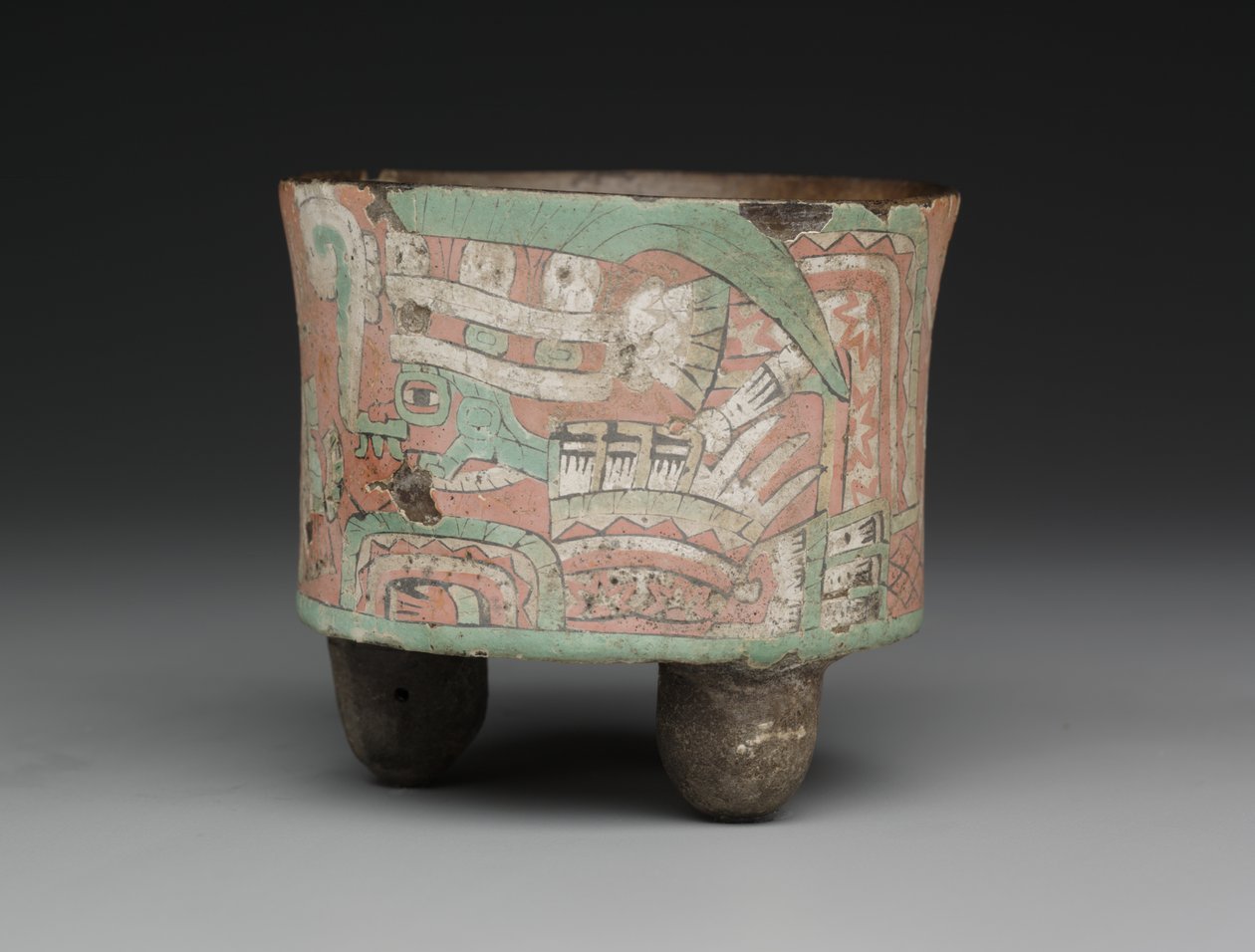 Sylindrisk stativkar med to brillefigurer, c.A.D. 400?650 (keramikk, stukkatur og maling) av Mesoamerican Mesoamerican