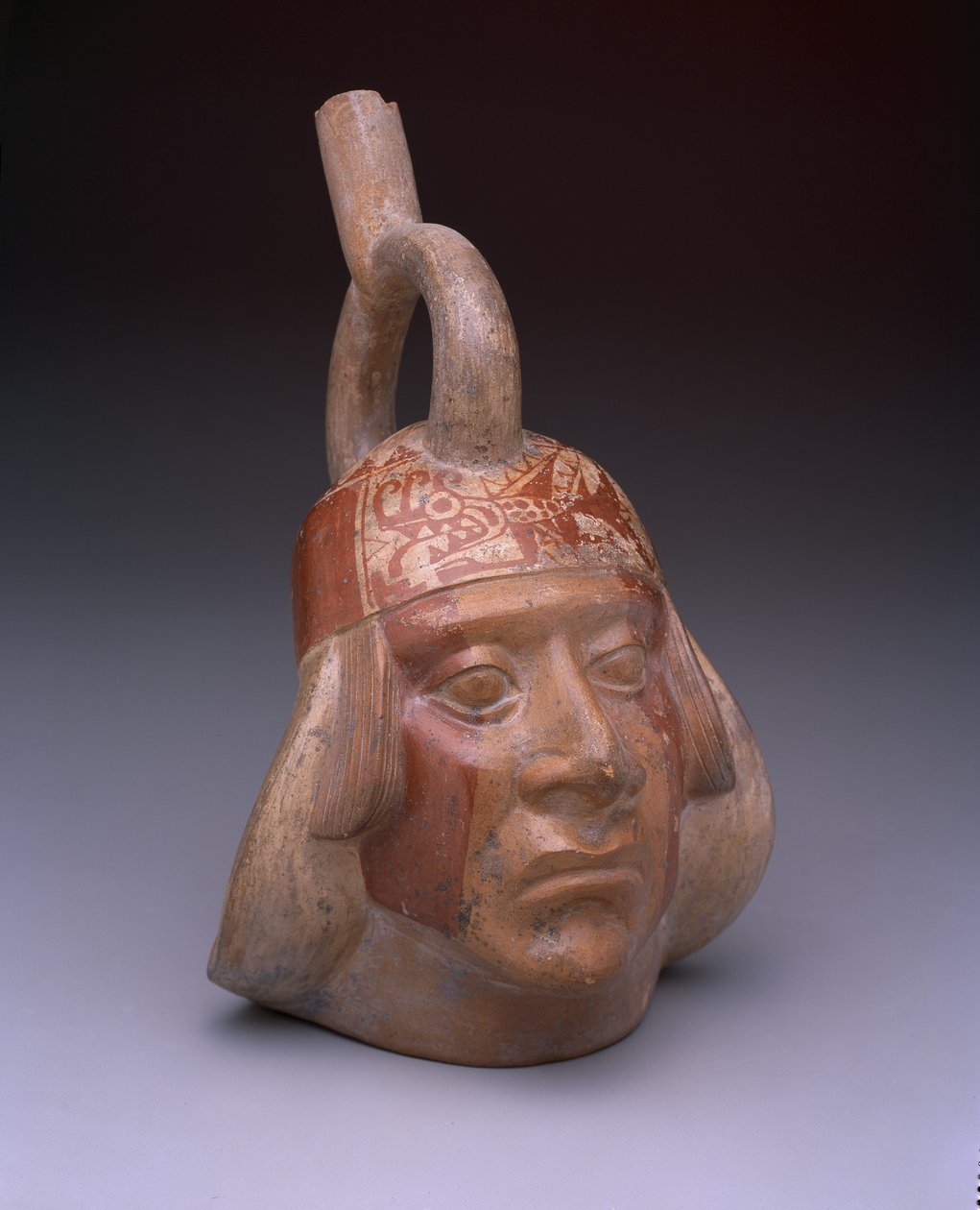 Stigbøyle-tut fartøy: Portretthode, AD 200-500 (keramikk med slip) av Mesoamerican Mesoamerican