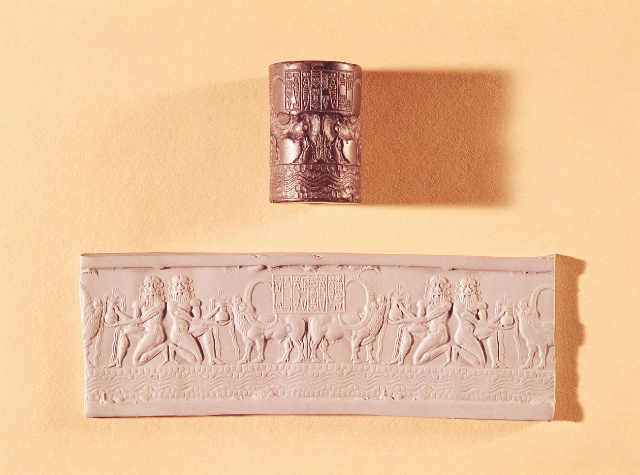 Akkadisk sylinderforsegling og avtrykk av Shar-kali-sharri (ca. 2217-c. 2193 f.Kr.) konge av Akkad, Mesopotamia, ca. 2340-2100 f.Kr. (marmor) av Mesopotamian