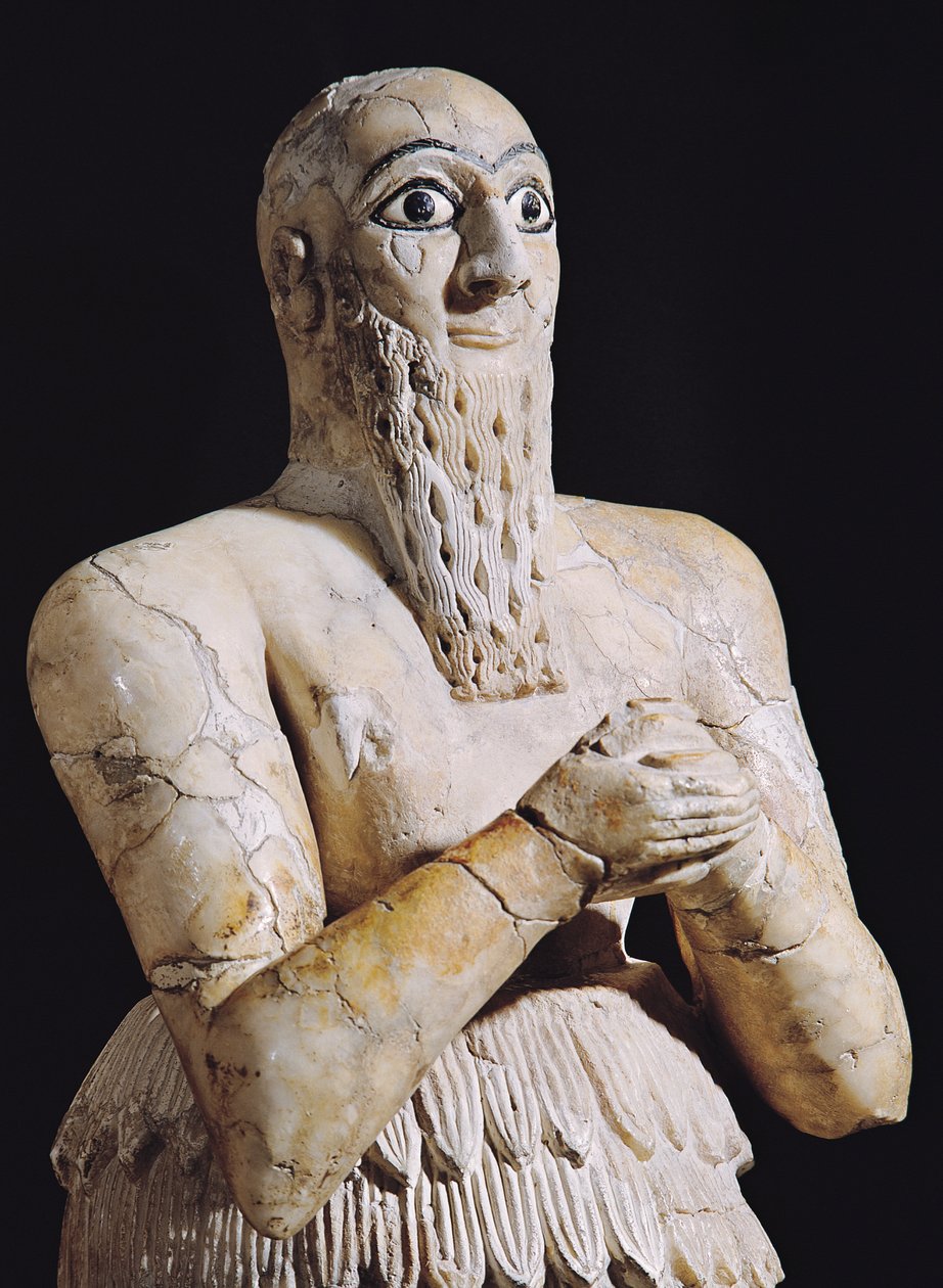 Detalj av en statue av Itur-Shamagen, kongen av Mari, ved bønn, fra Mari, Midt-Eufrat, 2800-2300 f.Kr. alabast av Mesopotamian