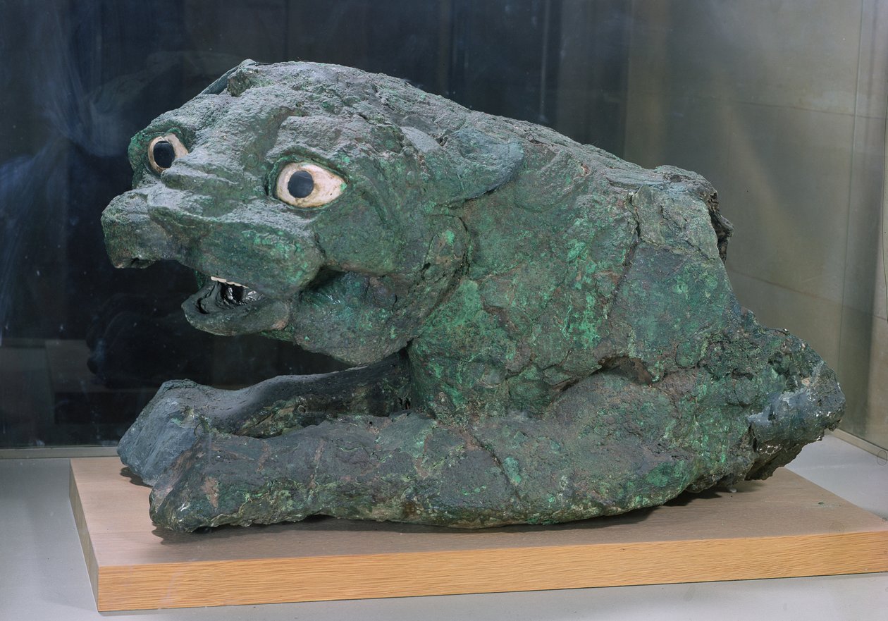Portvokter i form av en løve, fra Dagan-tempelet i Mari, Midt-Eufrat, Isin-Larsa-perioden (kobber) av Mesopotamian