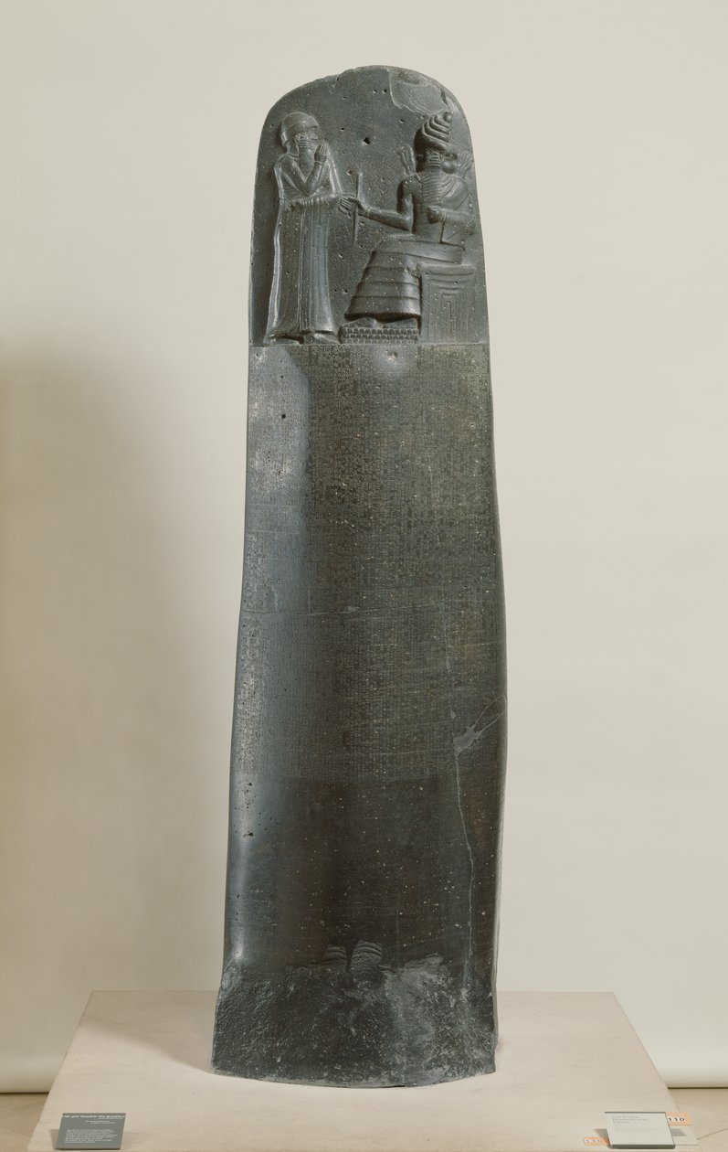 Code of Hammurabi: guden Shamash dikterer lovene sine til Hammurabi, kongen av Babylon, funnet i Susa, Iran, ca. 1750 f.Kr. (dioritt) (for detaljer se 69507) av Mesopotamian