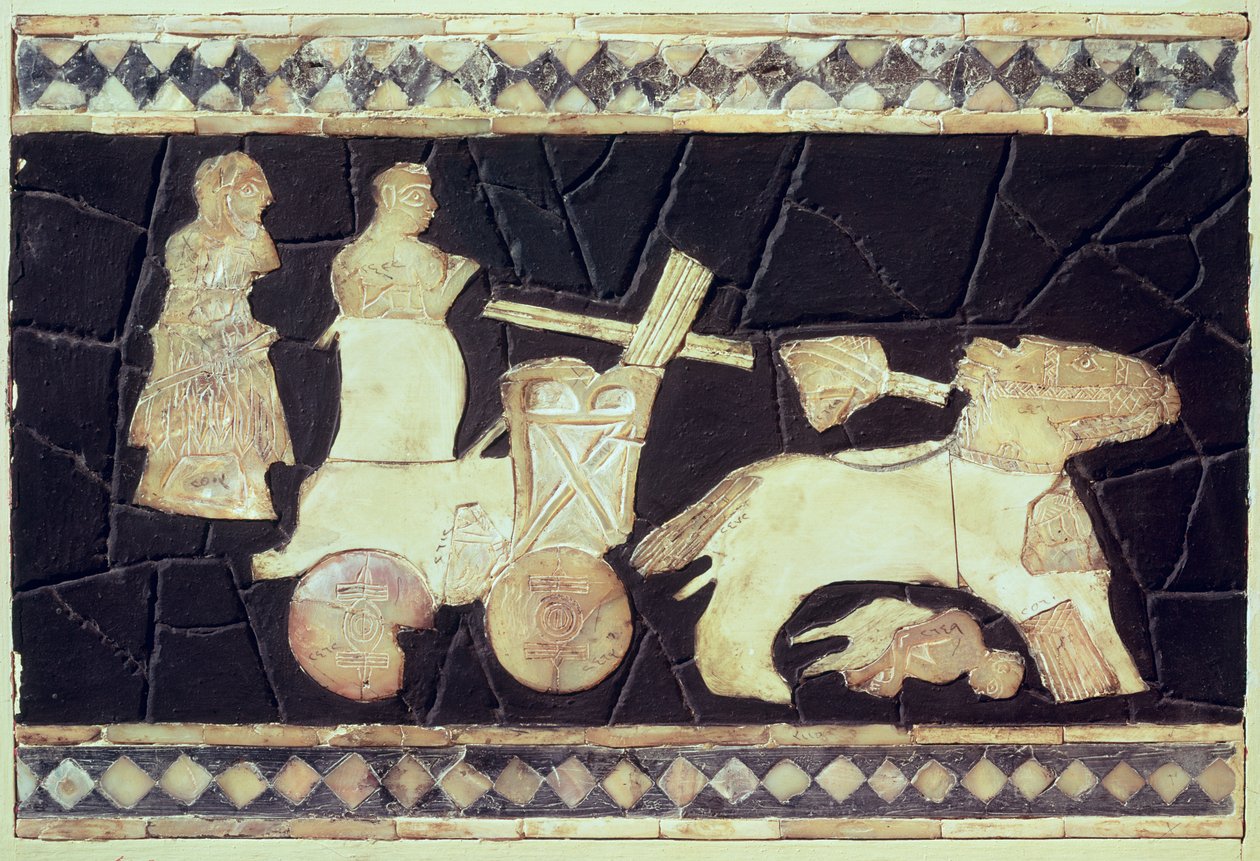 Krigsvogn trukket av to hester, 2800-2300 f.Kr. (elfenben, perlemor og mosaikk) av Mesopotamian
