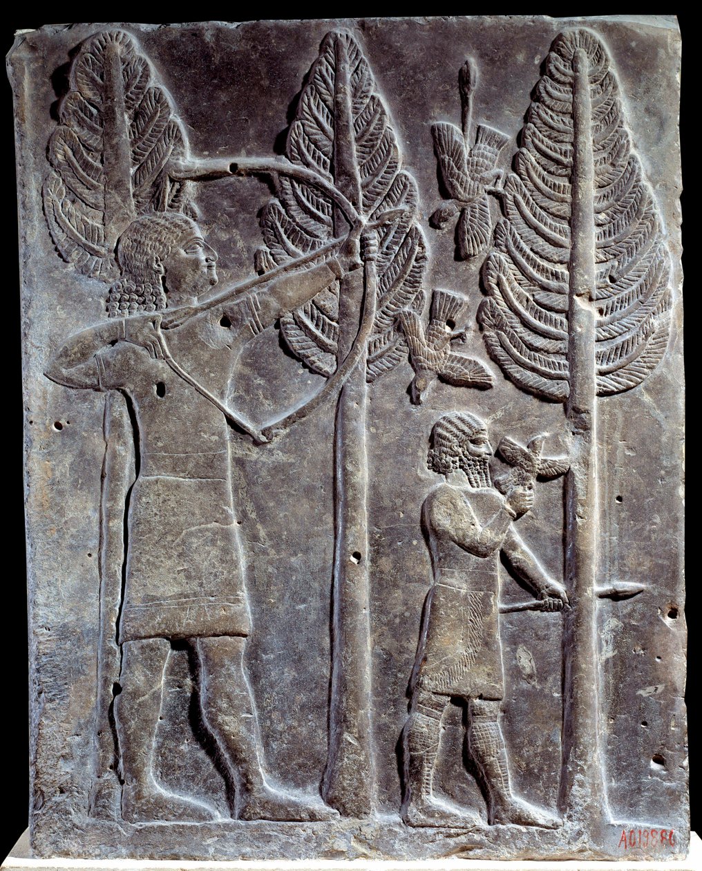 Fuglejaktscene. Lavt relieff i albaster fra Palace of Sargon II eller Sharroukin, konge av Assyria til Khorsabad (Khunsabad) (Mesopotamia), Irak. 722-705 f.Kr. Paris. Museet Louvre av Mesopotamian Mesopotamian