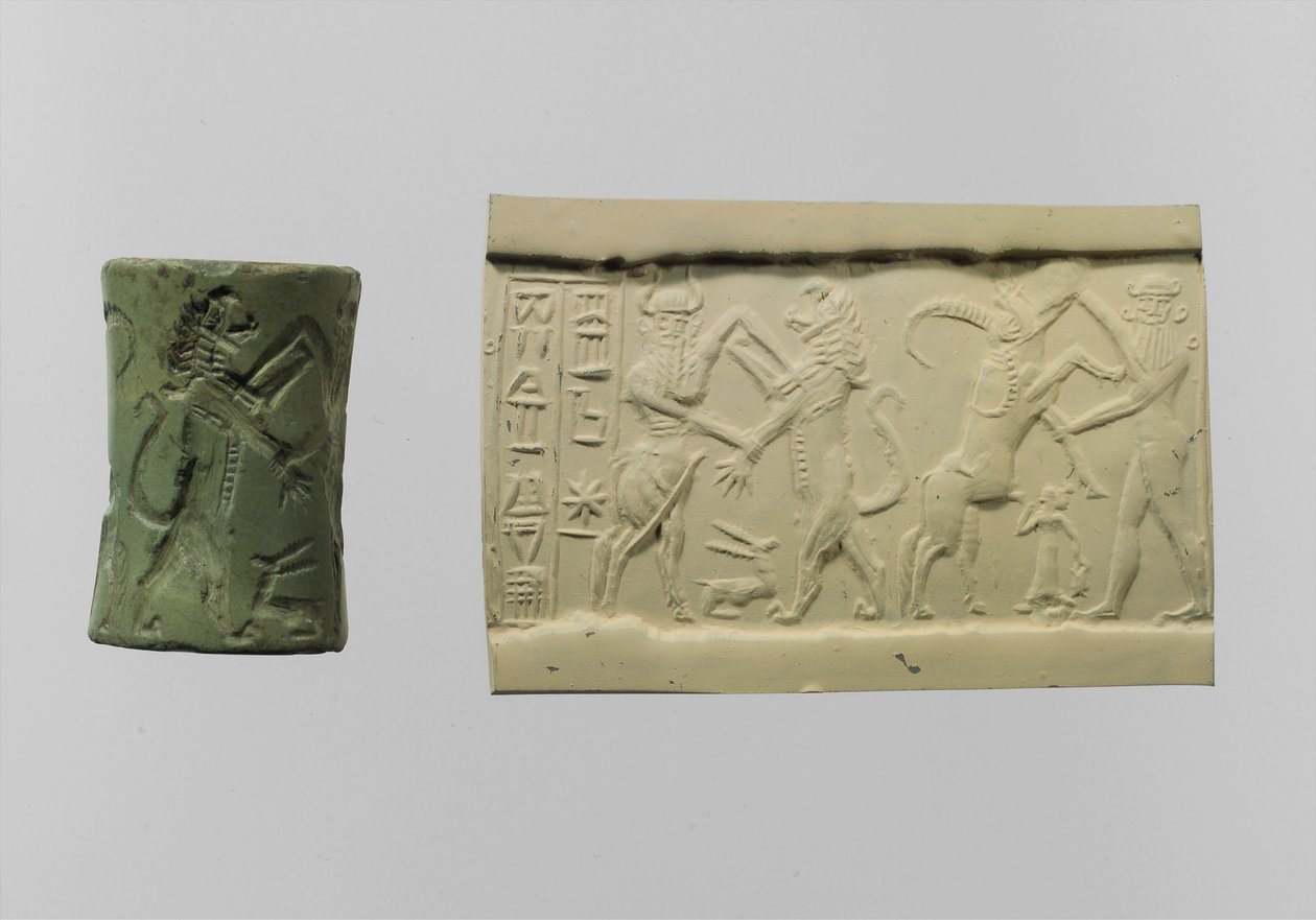 Sylinderforsegling av kamp med moderne inntrykk ca. 2250-2150 f.Kr. (albitt) av Mesopotamian Mesopotamian
