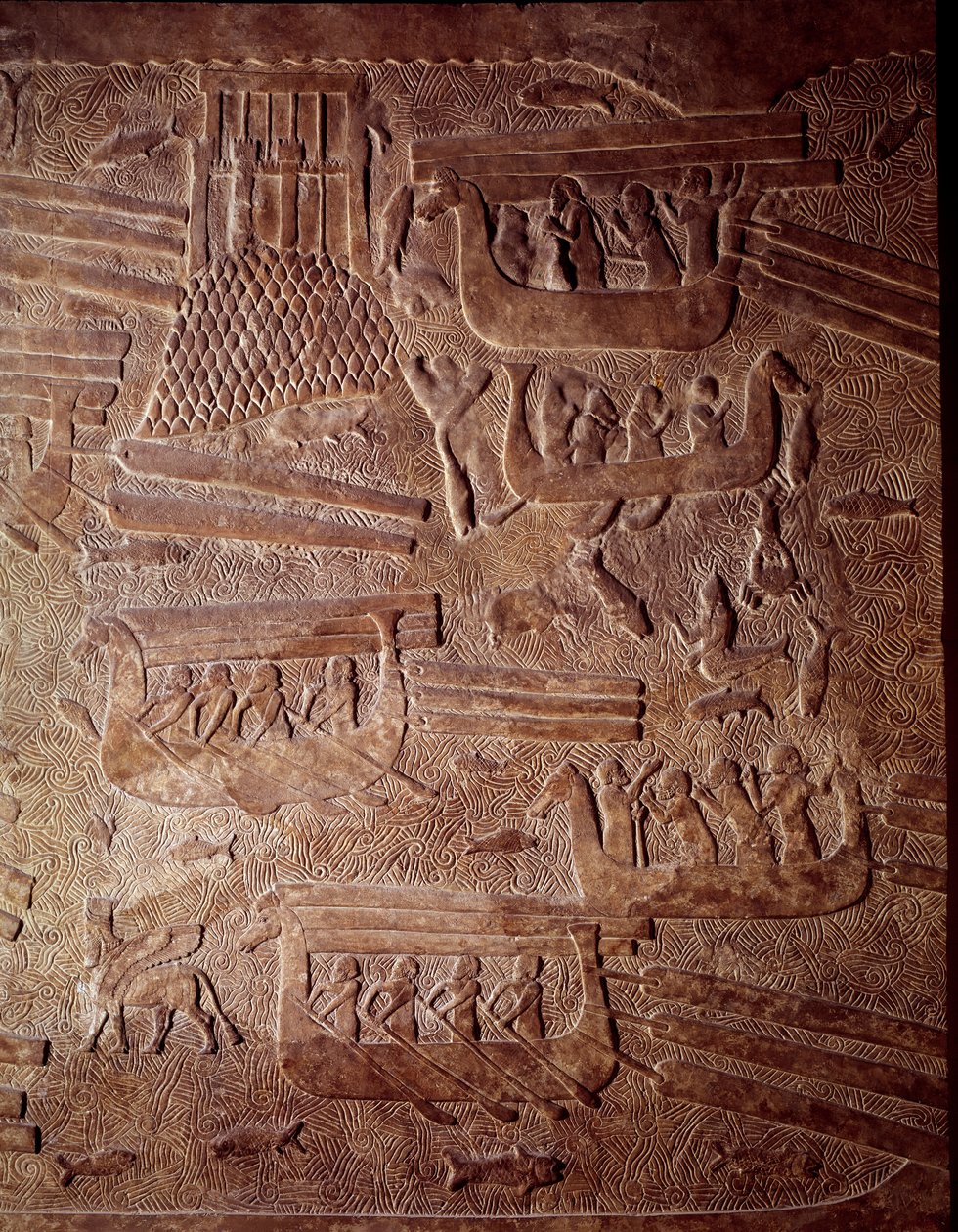 Mesopotamia: maritim scene som representerer transport av tømmer til Libanon. Detalj av en lavrelieff albaster fra Khorsabad (Khunsabad). Regne av Sargon II. 710 f.Kr. Paris, Louvre-museet av Mesopotamian Mesopotamian