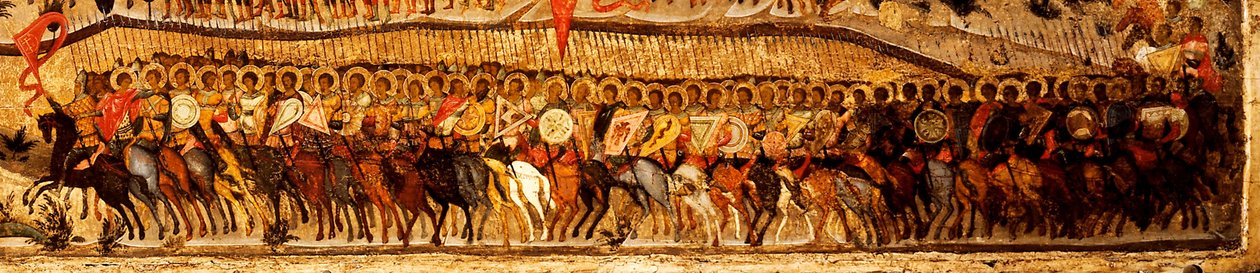 Blessed Be the Host of the King of Heaven Detalj: lavere krigerserie utført av Alexander Nevsky og Saint George, 1550-tallet av Metropolitan of Moscow Athanasius
