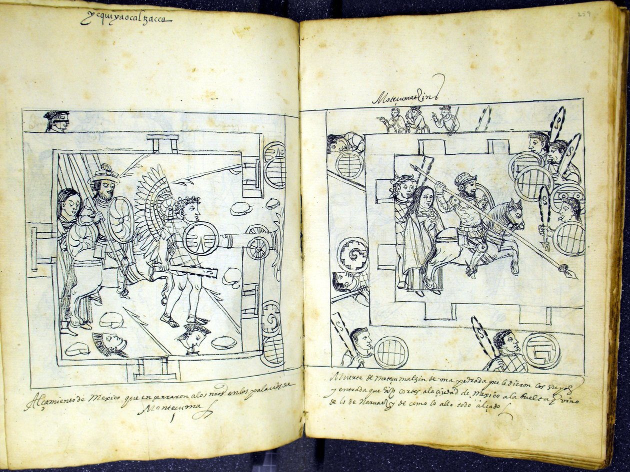Ms Hunter 242 f.258v og f.259r, fra "Historia de Tlaxcala" av Diego Munoz Camargo av Mexican School