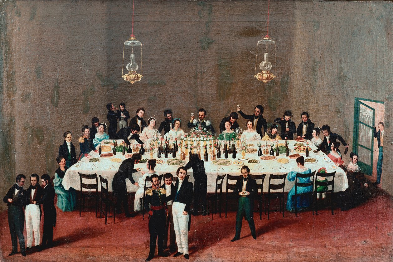 Bankett til ære for general Antonio Leon i Oaxaca, Mexico Maleri av den meksikanske populære skolen på 1800-tallet. Mexico by, nasjonalhistorisk museum av Mexican School