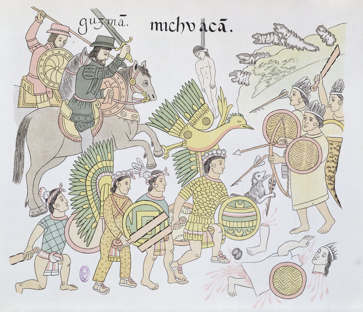 Slaget ved Michoacan mellom spanjolene og aztekerne, illustrasjon fra en faksimile av en meksikansk indisk bildehistorie Lienzo de Tlaxcala fra ca. 1550, 1892 av Mexican School