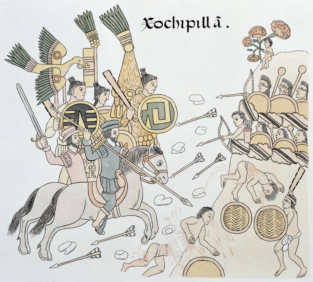 Slaget ved Xochipilla mellom spanjolene og aztekerne, illustrasjon fra en faksimile av en meksikansk indisk bildehistorie Lienzo de Tlaxcala fra ca. 1550, 1892 av Mexican School