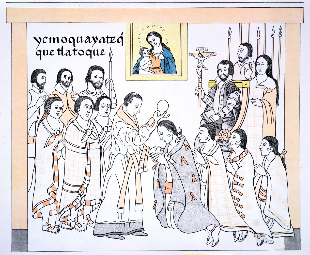 Caciques mottar nattverd fra en prest i huset til Hernando Cortes (1485-1547), illustrasjon fra en faksimile av en meksikansk indisk bildehistorie Lienzo de Tlaxcala fra ca. 1550, 1892 (fargebelyst av Mexican School