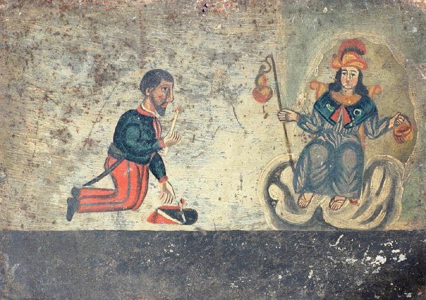 Ex-voto som viser en fransk soldat som takker St. James of Compostela (malt metall) av Mexican School