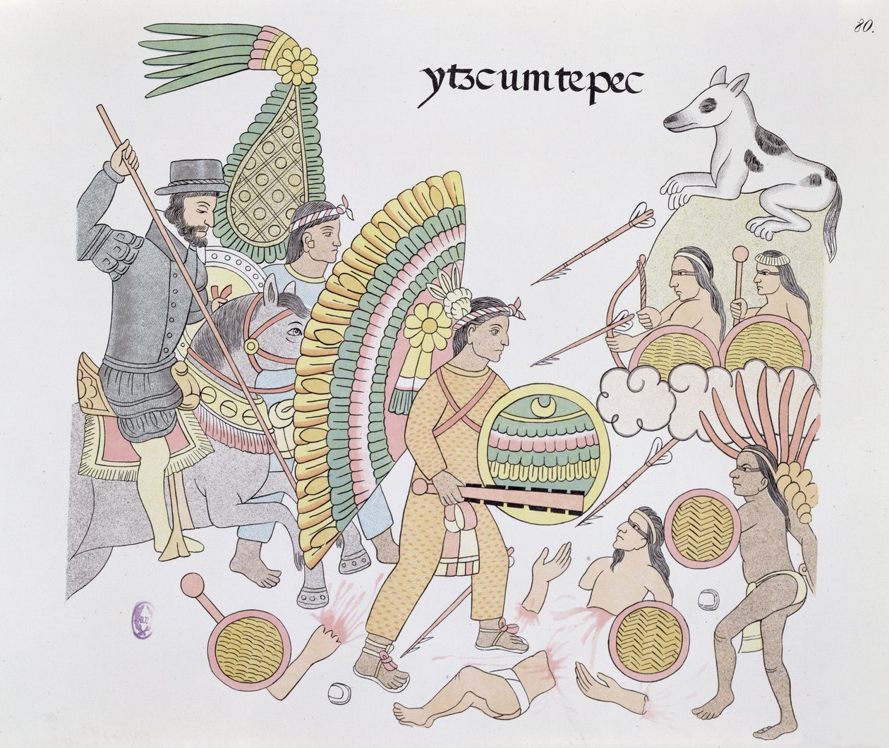 Hernando Cortes (1485-1547), under beleiring ved Tenochtitlan, bestemmer seg for å forlate byen, illustrasjon fra en faksimile av en meksikansk indisk bildehistorie Lienzo de Tlaxcala fra ca. 1550, 1892 (farge litho av Mexican School
