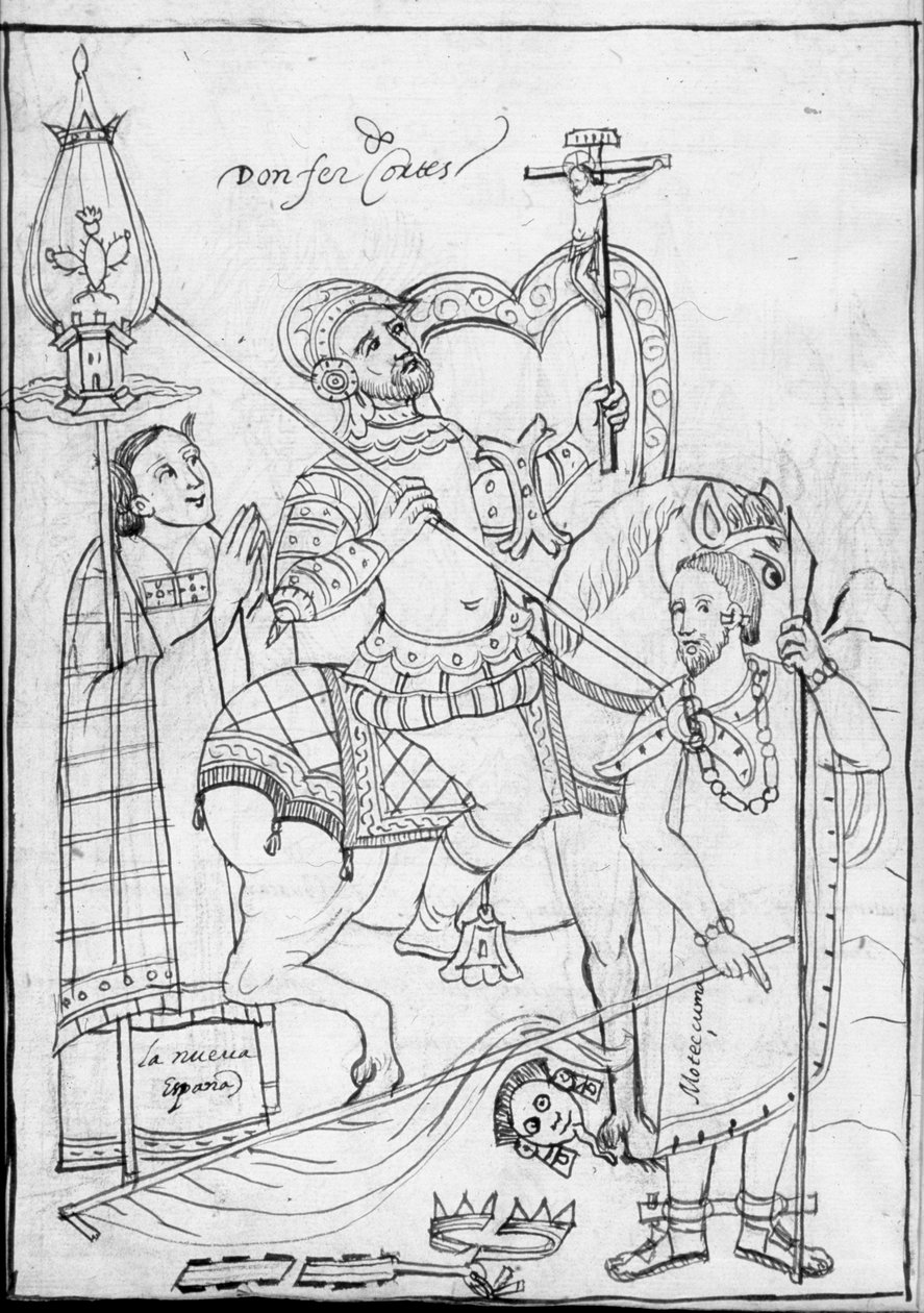 MS Hunter 242 f.246v, Cortes på hesteryggen, stående over den beseirede aztekerkongen Moctezuma, illustrasjon fra Historia de Tlaxcala av Diego Munoz Camargo av Mexican School