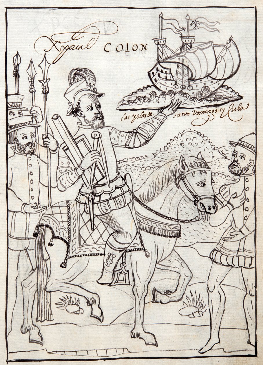 MS Hunter 242 f.247r Christopher Columbus, illustrasjon fra Historia de Tlaxcala av Diego Munoz Camargo av Mexican School