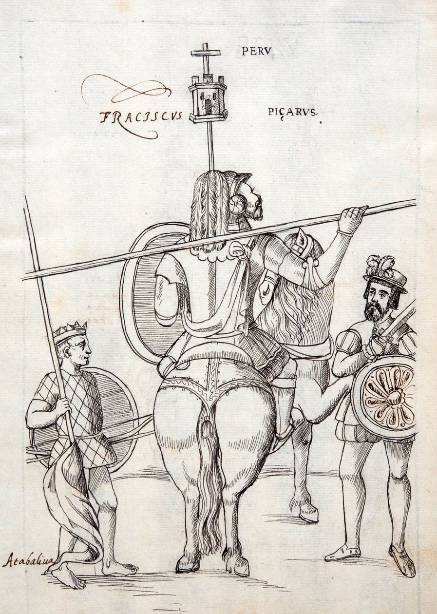 MS Hunter 242 f.248r Picarus, eller Pizarro, og krigshest, illustrasjon fra Historia de Tlaxcala av Diego Munoz Camargo av Mexican School