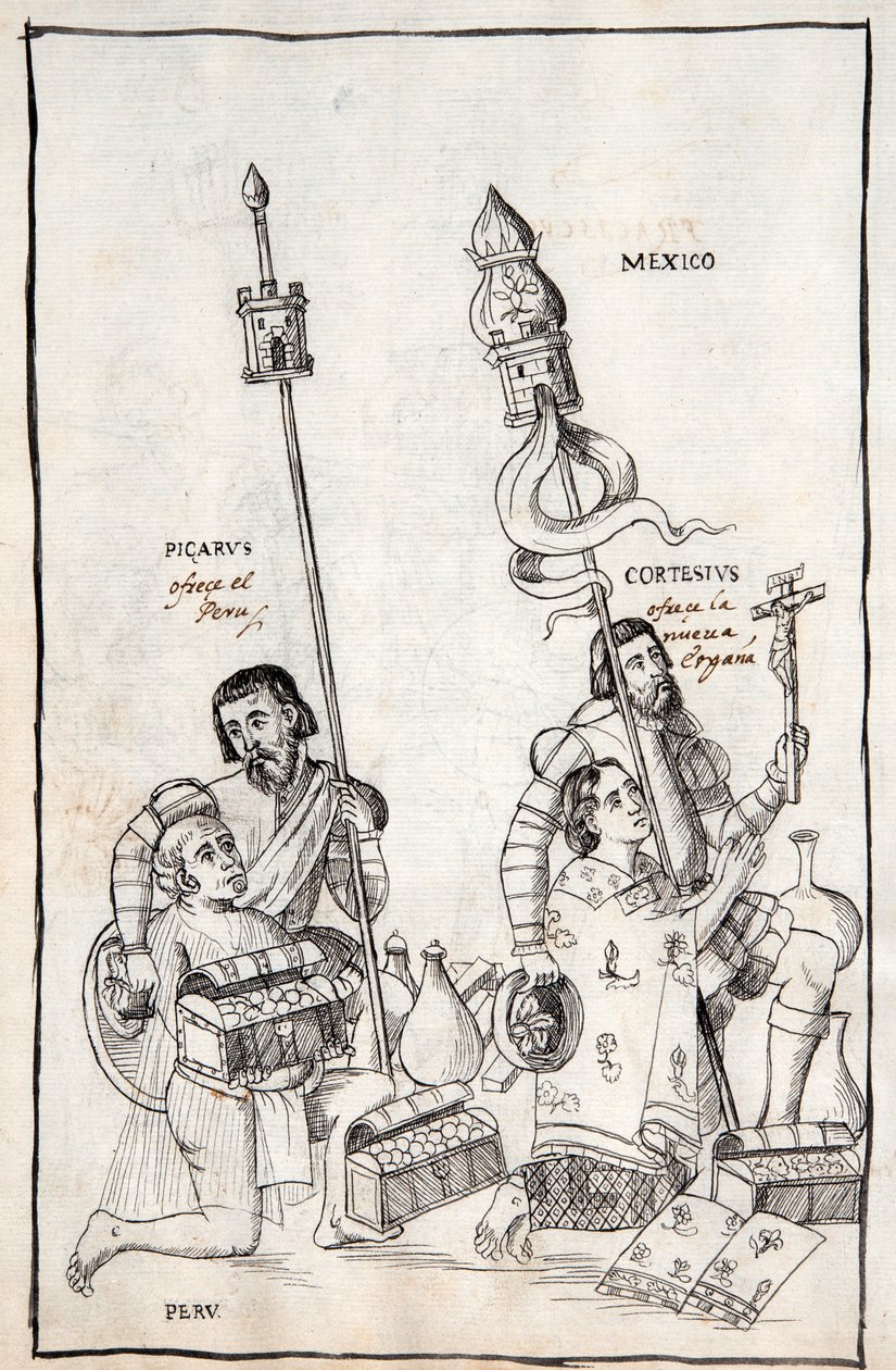 MS Hunter 242 f.248v Picarus (Pizarro) presenterer Peru og Cortesius (Cortes) Nueva Espana, illustrasjon fra Historia de Tlaxcala av Diego Munoz Camargo av Mexican School