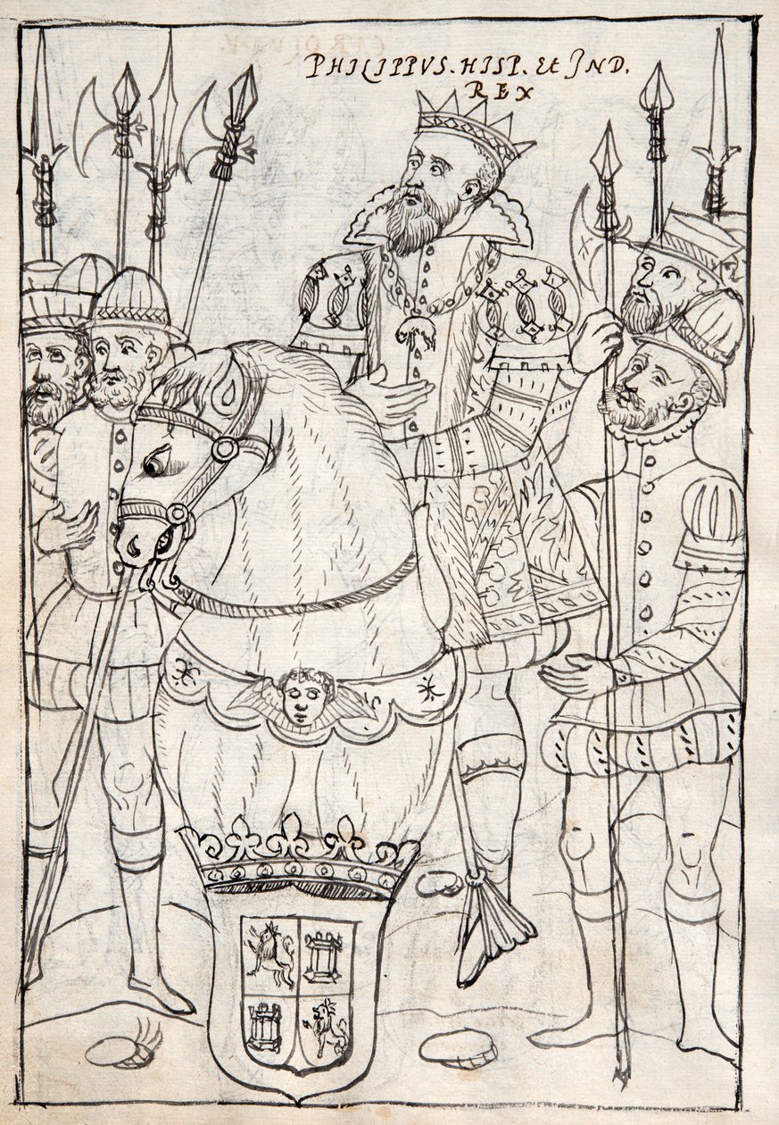 MS Hunter 242 f.249v Philip II sittende på hesteryggen, iført rekkefølgen av det gylne skinn, omgitt av stridsmenn, illustrasjon fra Historia de Tlaxcala av Diego Munoz Camargo (penn og blekk av Mexican School