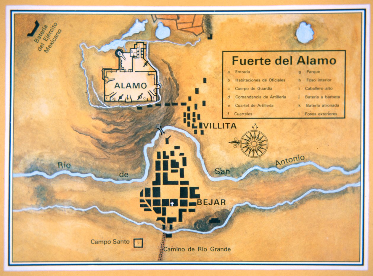 Kart over Alamo-området i San Antonio basert på Santa Annas originale slagmarkskart av Mexican School