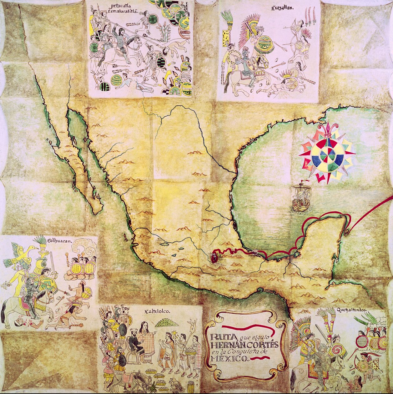 Kart over ruten fulgt av Hernando Cortes (1485-1547) under erobringen av Mexico av Mexican School
