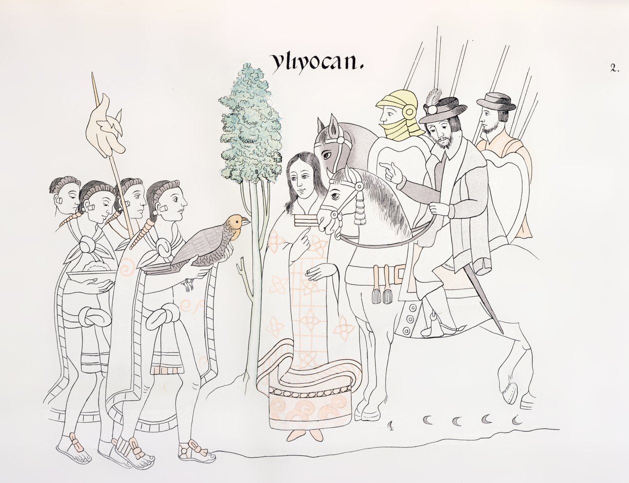 Møte mellom Hernando Cortes (1485-1547) og aztekerne, illustrasjon fra en faksimile av en meksikansk indisk bildehistorie Lienzo de Tlaxcala fra ca. 1550, 1892 av Mexican School