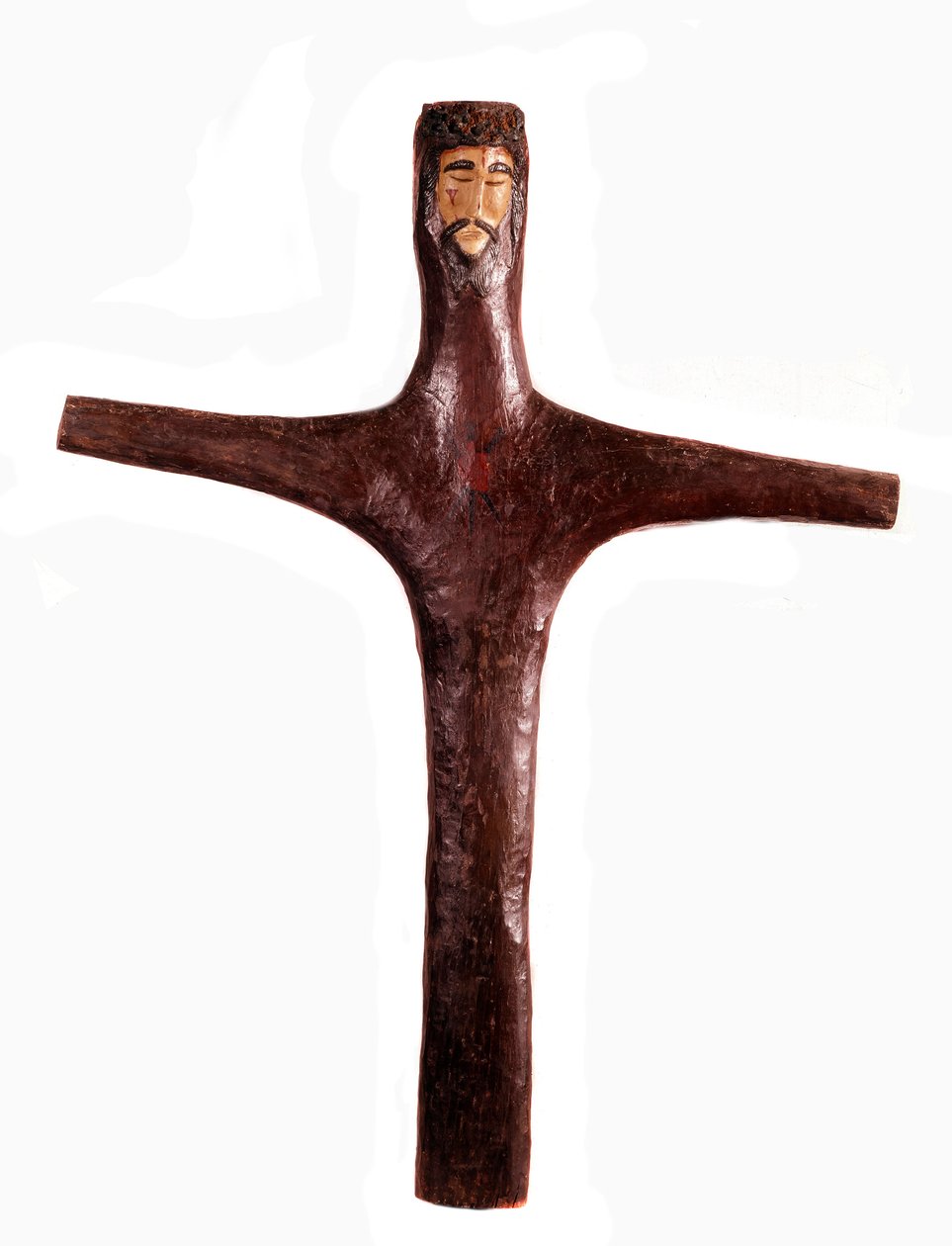 Meksikansk kunst: polykrom trekors med Kristi hode skåret i ett stykke. 1600-tallets søn. 2x1,56 m Mexico. Michoacan regionale museum av Mexican School
