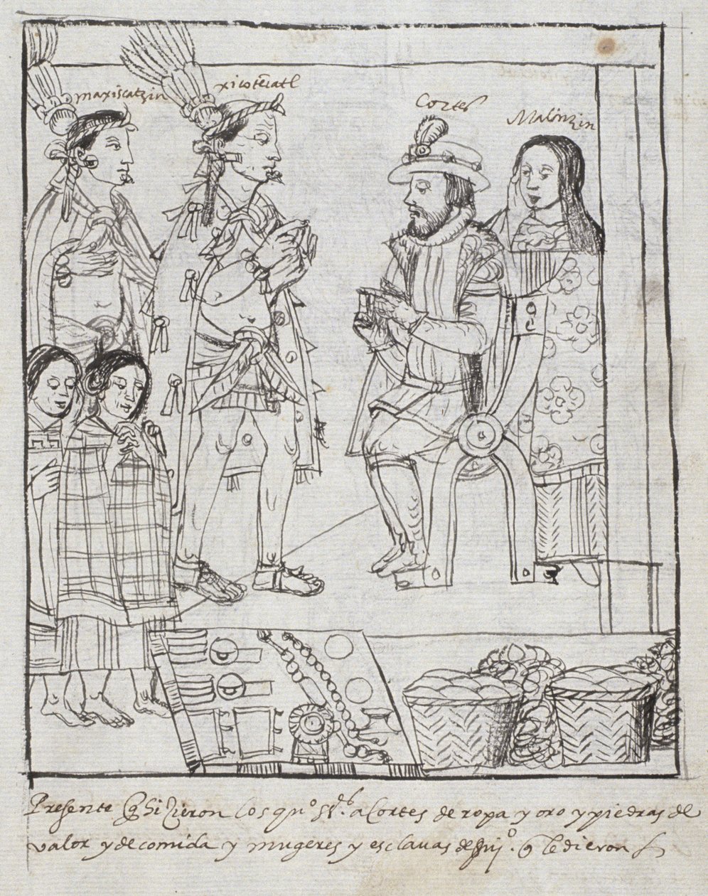 Montezuma møter Cortez Ms Hunter 242 f.255r Conquest of Mexico, fra Historia de Tlaxcala av Diego Munoz Camargo av Mexican School