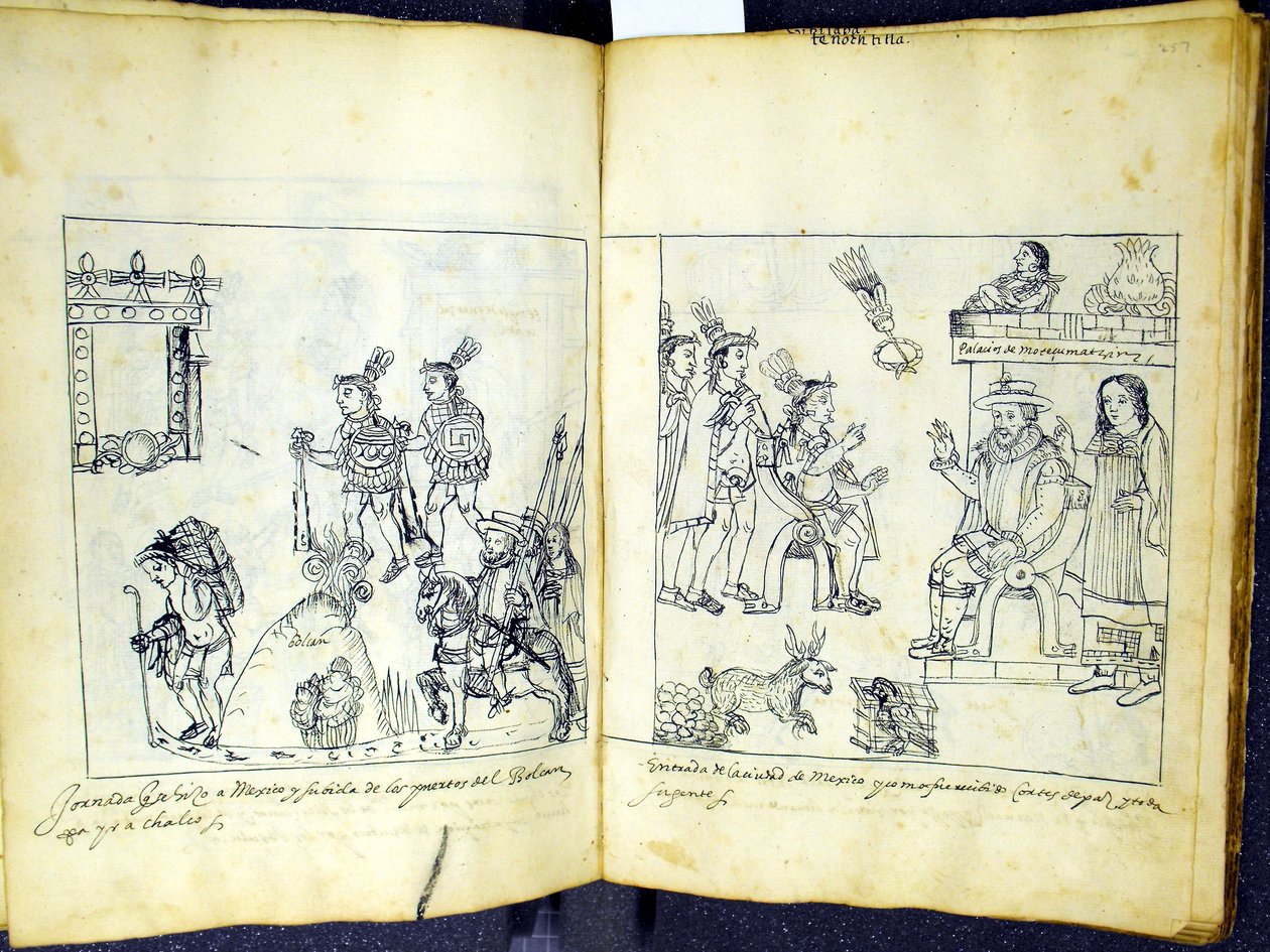Ms Hunter 242 256v-257r Cortez og Montezuma, fra Historia de Tlaxcala av Diego Munoz Camargo av Mexican School