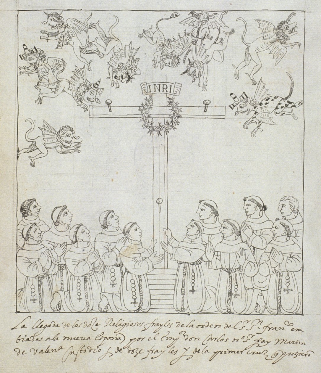 Ms Hunter 242 f.239v The Erection of the First Cross, fra Historia de Tlaxcala av Diego Munoz Camargo av Mexican School