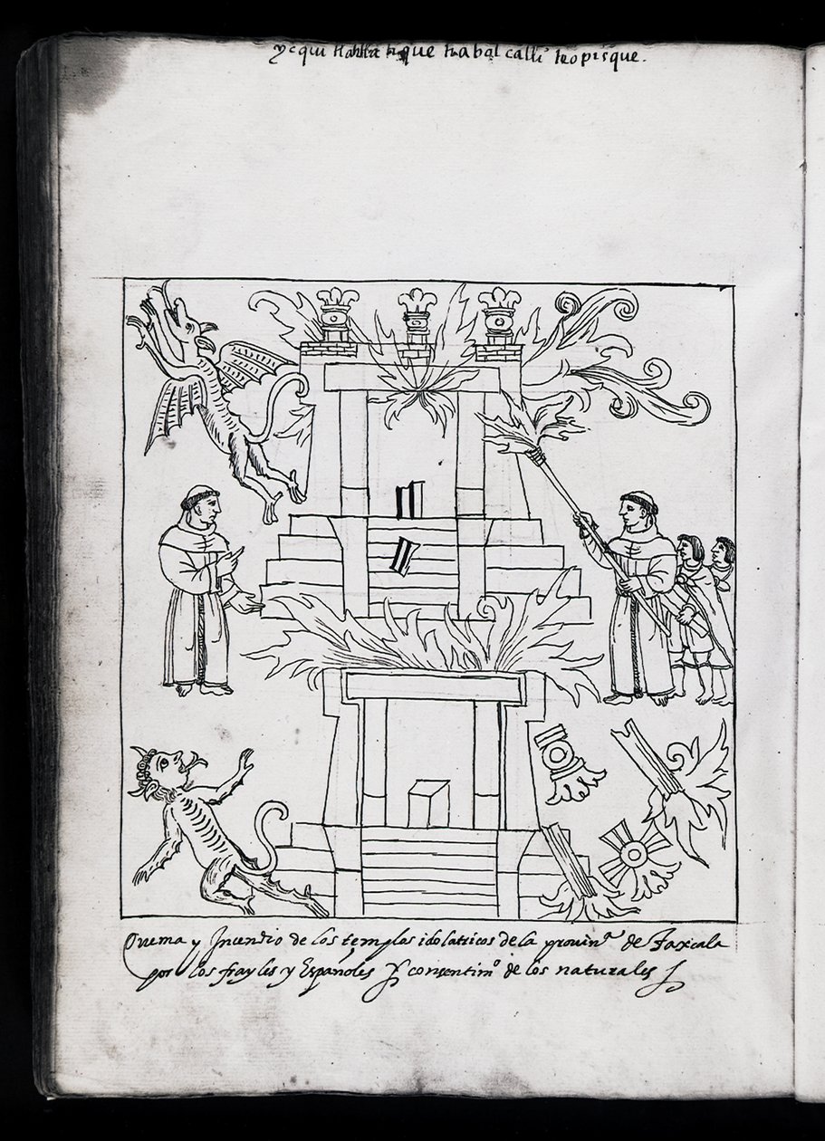 Ms Hunter 242 f.240v fransiskanernes brennende templer, illustrasjon fra Historia de Tlaxcala av Diego Munoz Camargo av Mexican School