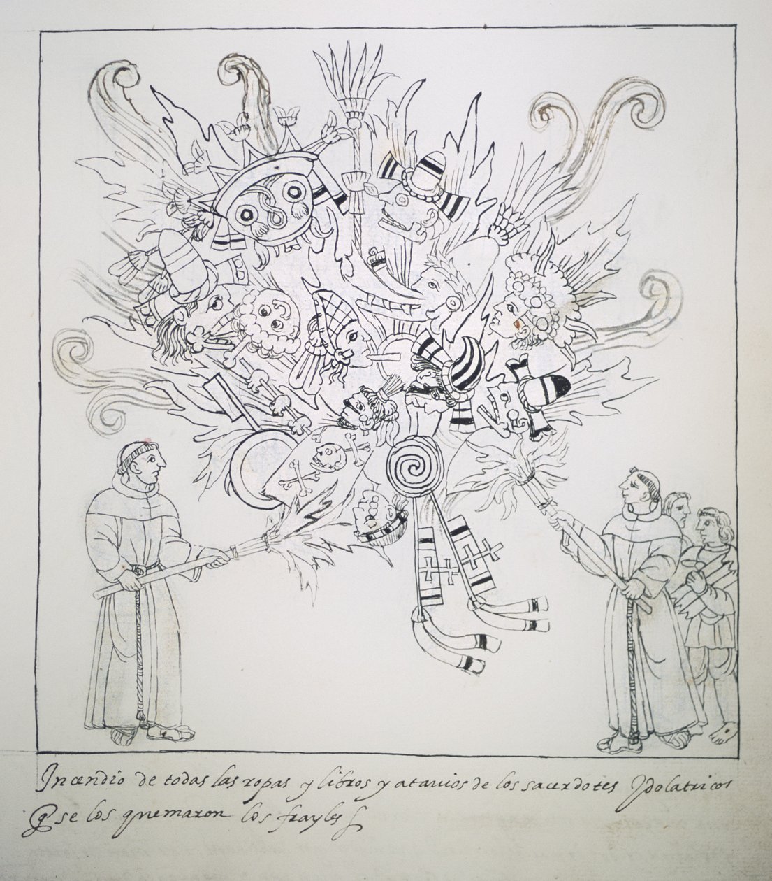 Ms Hunter 242 f.242r Fransiskanerbrødrene brenner tradisjonelle bøker og klær, fra Historia de Tlaxcala av Diego Munoz Camargo av Mexican School