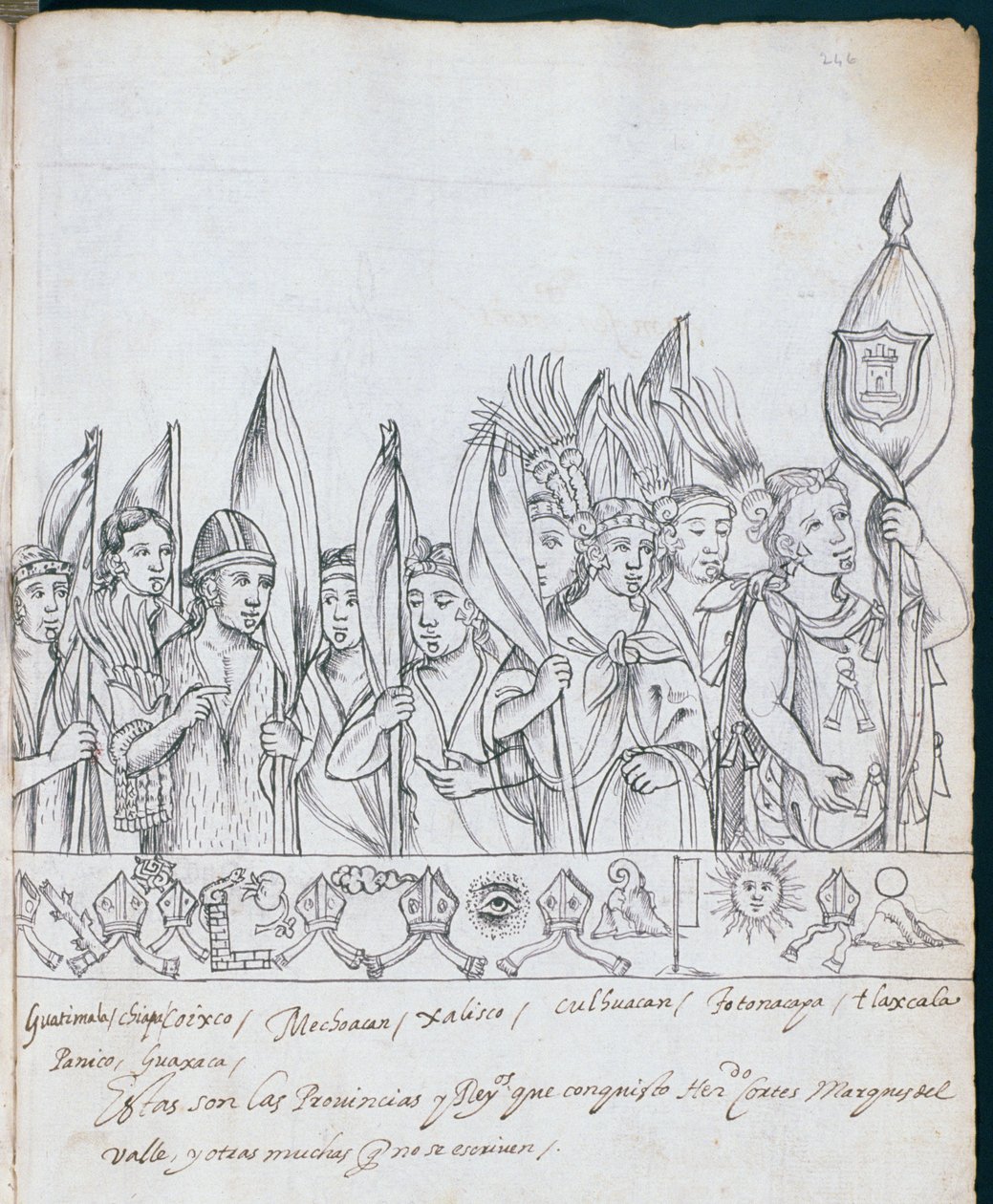 Hunter 242 f.246r Representanter for de meksikanske provinsene, fra Historia de Tlaxcala av Diego Munoz Camargo av Mexican School