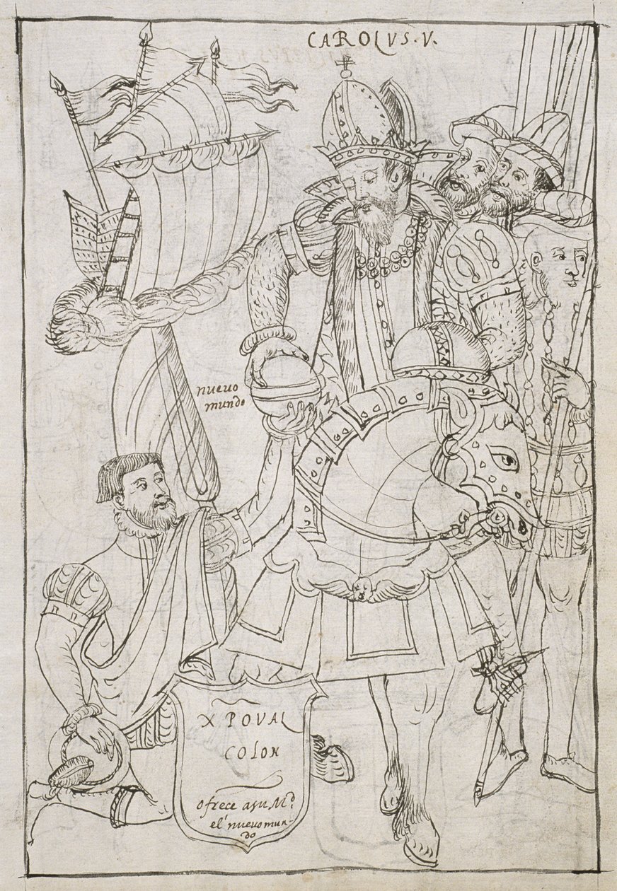Ms Hunter 242 f.249r Christopher Columbus (1451-1506) tilbyr symbolsk den nye verden til Charles V (1500-08), fra Historia de Tlaxcala av Diego Munoz Camargo av Mexican School