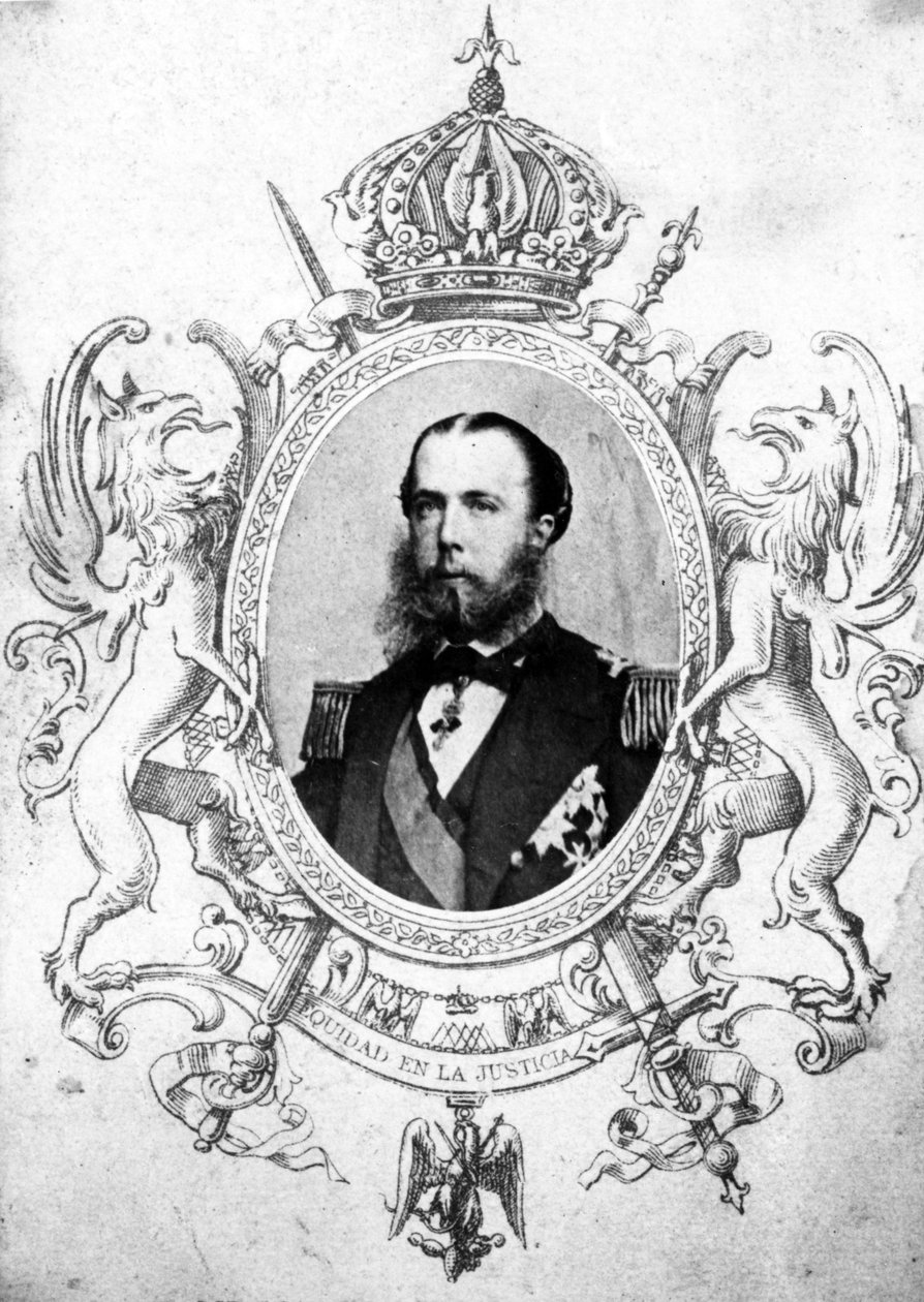 Portrett av keiser Maximilian i det meksikanske keiserlige våpenskjoldet (bw-foto og gravering) av Mexican School