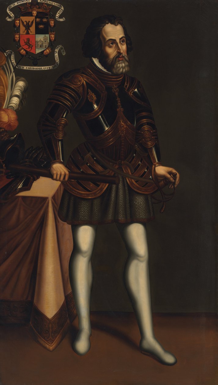 Portrett av Hernan Cortes av Mexican School