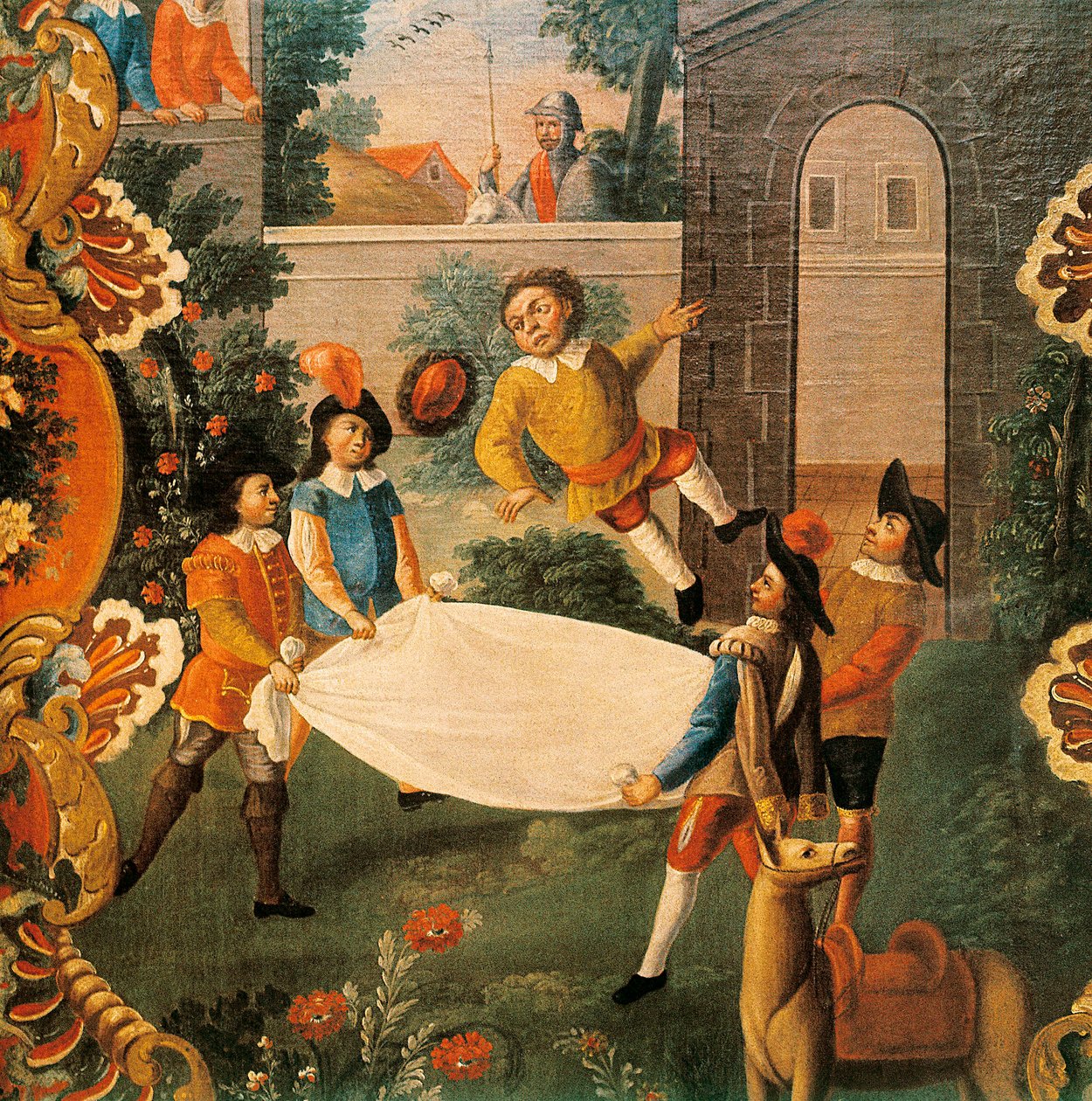 Scene fra Don Quixote of the Channel (El ingenioso Hidalgo Don Quixote de la Mancha) av Miguel de Cervantes (1547-1616) 1700-tallet (maleri) av Mexican School