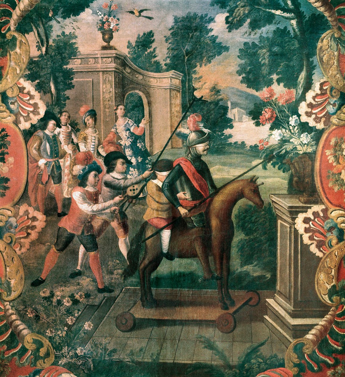 Scene hentet fra "Don Quijote of the Channel" (Den geniale gentleman Don Quixote of La Mancha) av Miguel de Cervantes Saavedra (1547-1616) av Mexican School