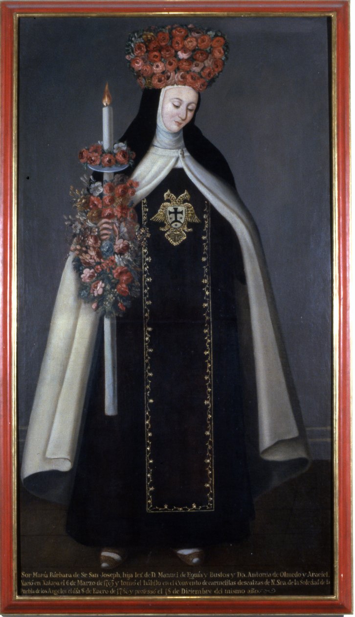 Søster Maria Barbara de St. Joseph kronet med blomster, Karmelittklosteret, Puebla, Mexico av Mexican School