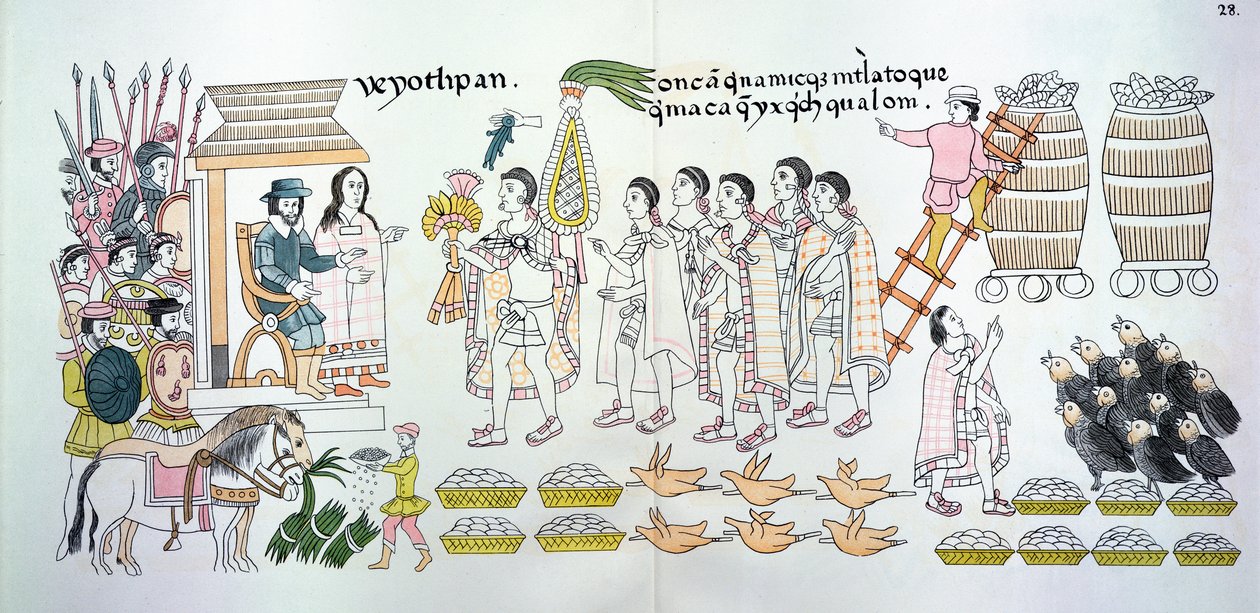 Tlaxcalan-høvdingen, Maxixcatzin, overrekker en bukett med roser og andre gaver til Hernando Cortes (1485-1547) som velkomsttegn, illustrasjon fra en faksimile av en meksikansk indisk bildehistorie av Mexican School